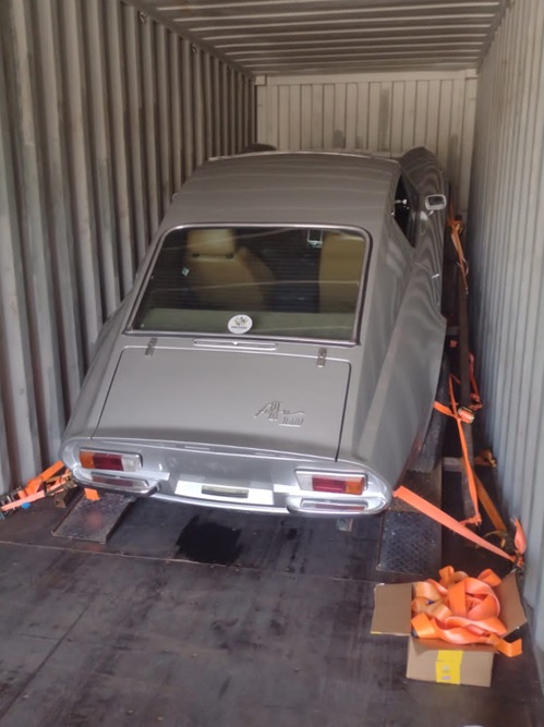 VW Puma in shipping container, prepared for international export