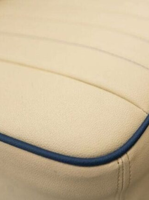 Close-up of tailor-made upholstery inside a restored VW Kombi